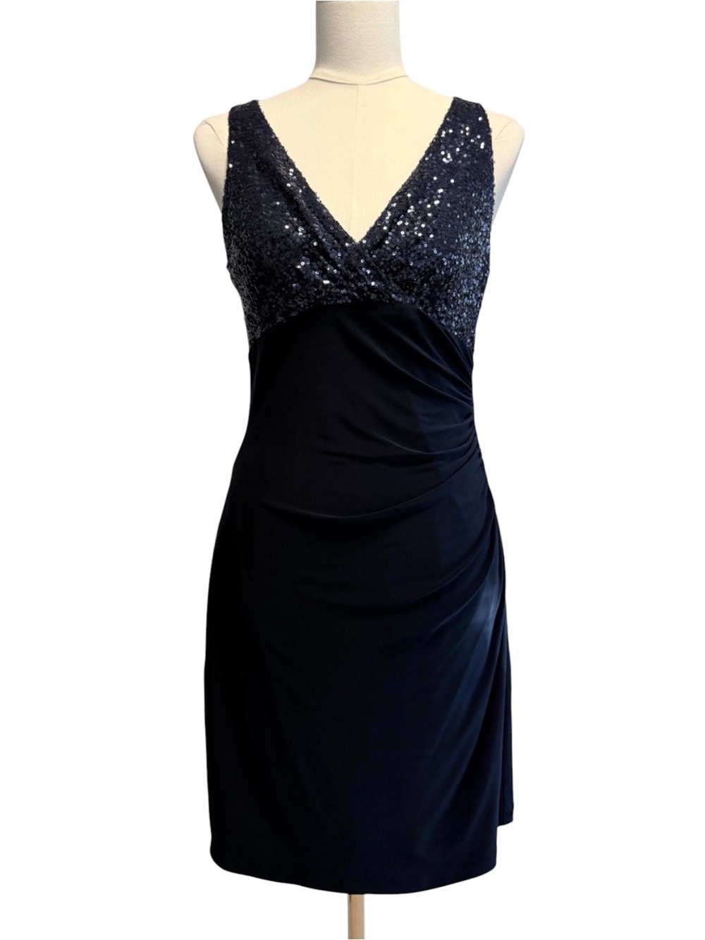 Ralph Lauren Navy Sequence Bodice V Neck Midi Sheath Dress size 6 Elegant